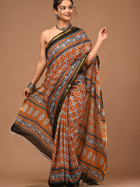 Lovwear Anvika Rust Orange & Black Cotton Mulmul Saree with Rich Zari Border - Fabric Texture View