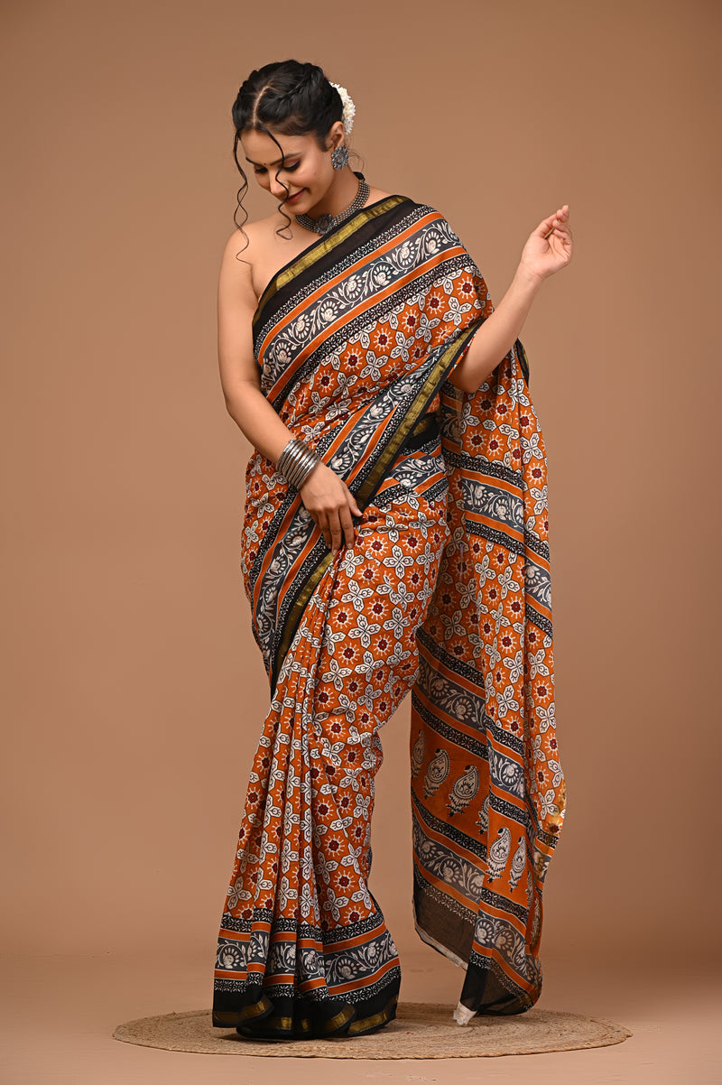 Lovwear Anvika Rust Orange & Black Cotton Mulmul Saree with Rich Zari Border - Pleats & Full Length View