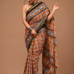 Lovwear Anvika Rust Orange & Black Cotton Mulmul Saree with Rich Zari Border - Pleats & Full Length View