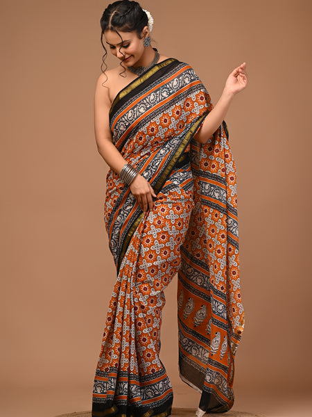 Lovwear Anvika Rust Orange & Black Cotton Mulmul Saree with Rich Zari Border - Pleats & Full Length View