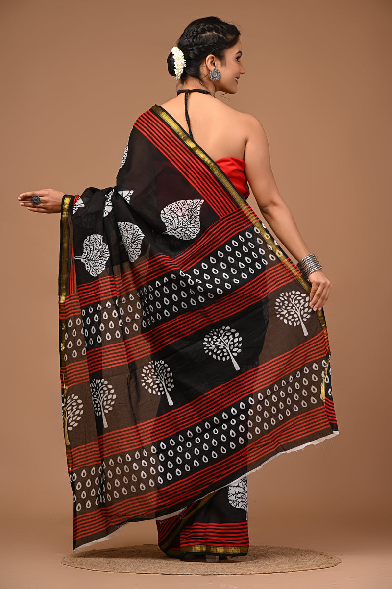 Lovwear Meher Black & Red Designer Cotton Mulmul Saree with Premium Zari Border - Front View