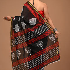 Lovwear Meher Black & Red Designer Cotton Mulmul Saree with Premium Zari Border - Front View