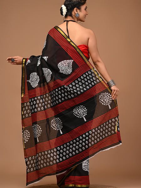 Lovwear Meher Black & Red Designer Cotton Mulmul Saree with Premium Zari Border - Front View
