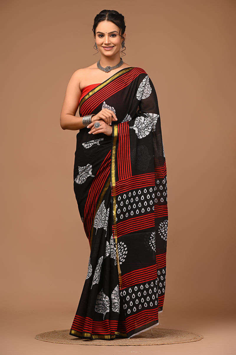 Lovwear Meher Black & Red Designer Cotton Mulmul Saree with Premium Zari Border - Pallu & Border Detail View