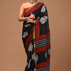 Lovwear Meher Black & Red Designer Cotton Mulmul Saree with Premium Zari Border - Pallu & Border Detail View