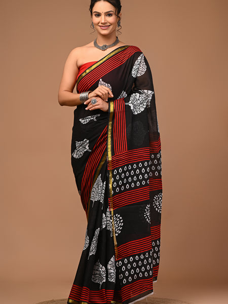 Lovwear Meher Black & Red Designer Cotton Mulmul Saree with Premium Zari Border - Pallu & Border Detail View