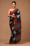 Lovwear Meher Black & Red Designer Cotton Mulmul Saree with Premium Zari Border