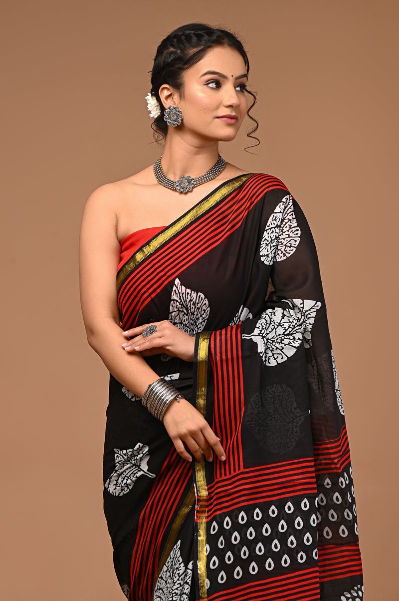 Lovwear Meher Black & Red Designer Cotton Mulmul Saree with Premium Zari Border - Fabric Texture View