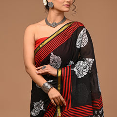 Lovwear Meher Black & Red Designer Cotton Mulmul Saree with Premium Zari Border - Fabric Texture View