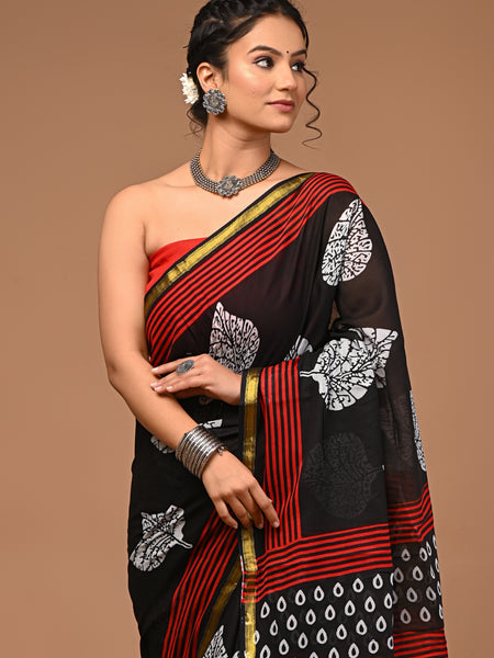 Lovwear Meher Black & Red Designer Cotton Mulmul Saree with Premium Zari Border - Fabric Texture View