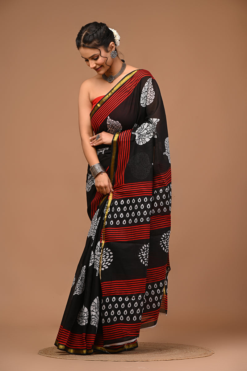 Lovwear Meher Black & Red Designer Cotton Mulmul Saree with Premium Zari Border - Pleats & Full Length View