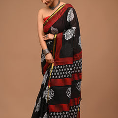 Lovwear Meher Black & Red Designer Cotton Mulmul Saree with Premium Zari Border - Pleats & Full Length View