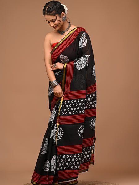 Lovwear Meher Black & Red Designer Cotton Mulmul Saree with Premium Zari Border - Pleats & Full Length View