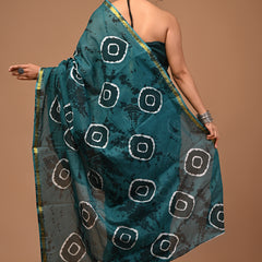 Lovwear Anvika Peacock Green Cotton Mulmul Saree with Rich Zari Border - Front View