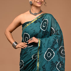 Lovwear Anvika Peacock Green Cotton Mulmul Saree with Rich Zari Border - Pallu & Border Detail View