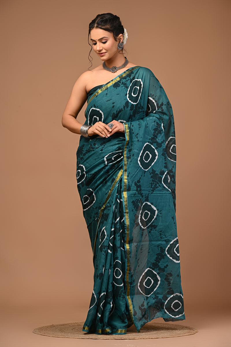 Lovwear Anvika Peacock Green Cotton Mulmul Saree with Rich Zari Border - Fabric Texture View