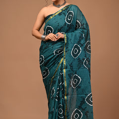 Lovwear Anvika Peacock Green Cotton Mulmul Saree with Rich Zari Border - Fabric Texture View