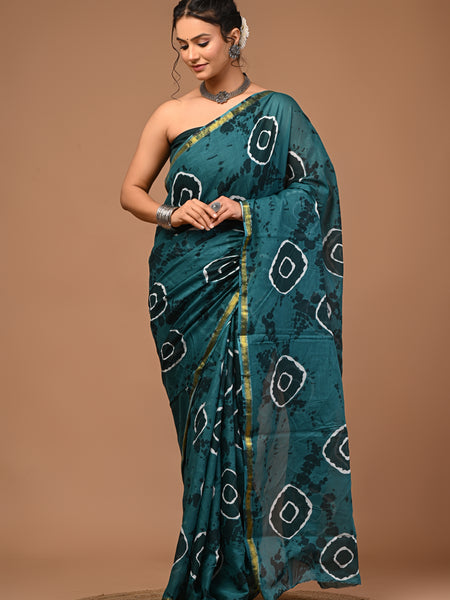 Lovwear Anvika Peacock Green Cotton Mulmul Saree with Rich Zari Border - Fabric Texture View