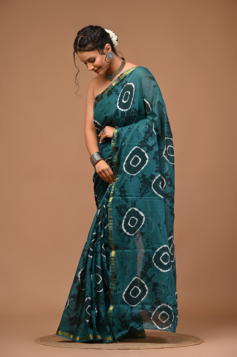 Lovwear Anvika Peacock Green Cotton Mulmul Saree with Rich Zari Border - Pleats & Full Length View