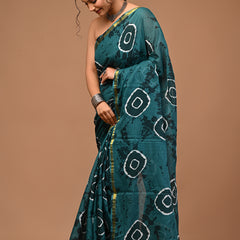 Lovwear Anvika Peacock Green Cotton Mulmul Saree with Rich Zari Border - Pleats & Full Length View