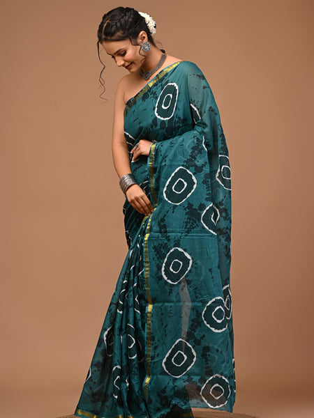 Lovwear Anvika Peacock Green Cotton Mulmul Saree with Rich Zari Border - Pleats & Full Length View