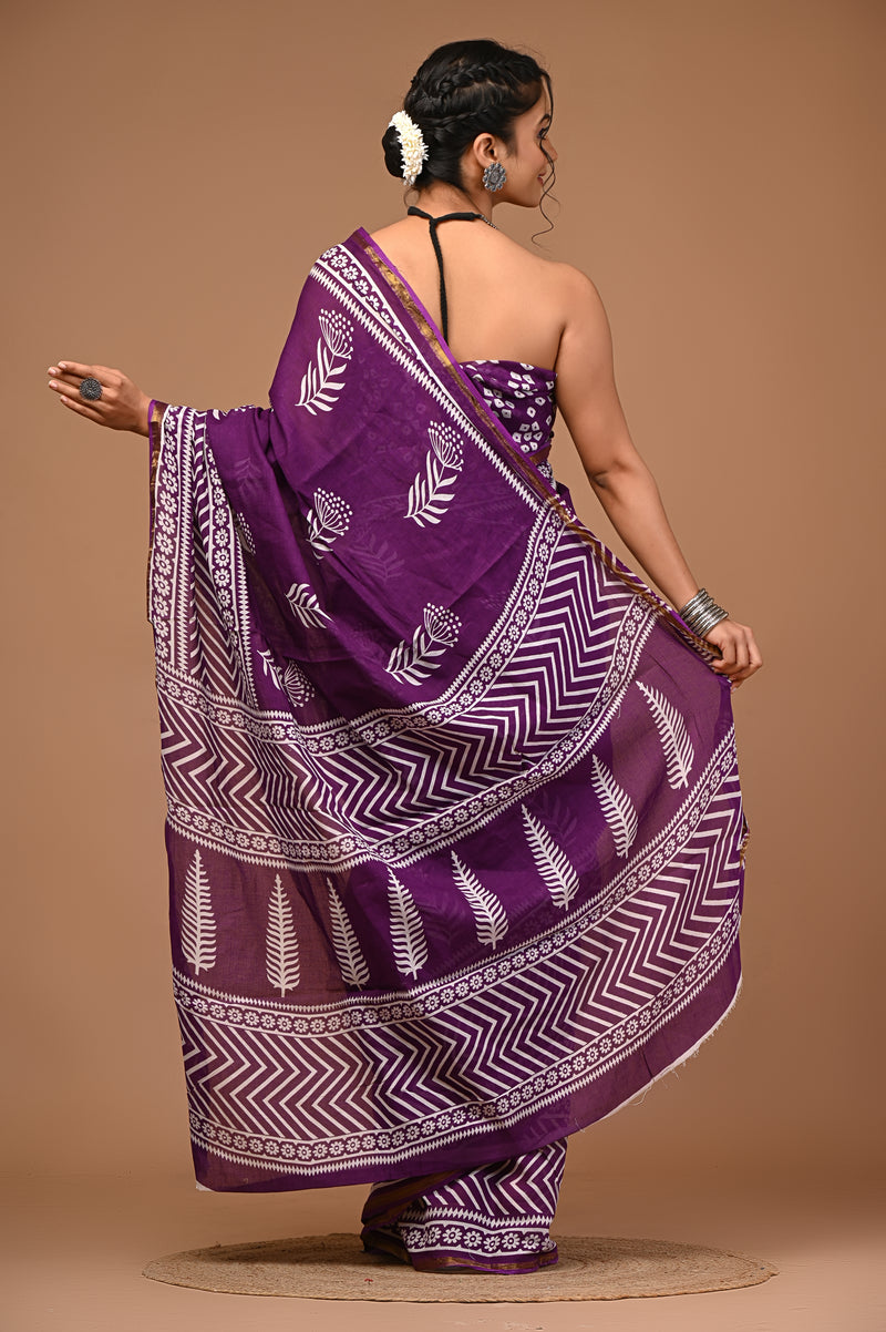 Lovwear Kiara Royal Purple Printed Cotton Mulmul Saree with Zari Border - Front View