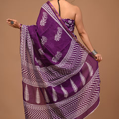 Lovwear Kiara Royal Purple Printed Cotton Mulmul Saree with Zari Border - Front View