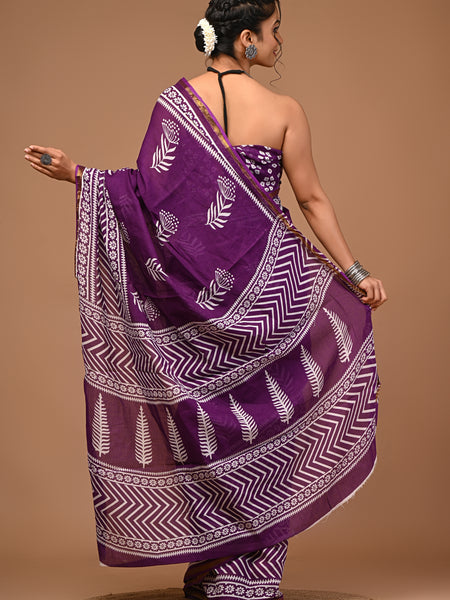 Lovwear Kiara Royal Purple Printed Cotton Mulmul Saree with Zari Border - Front View