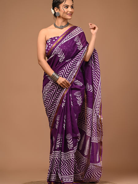 Lovwear Kiara Royal Purple Printed Cotton Mulmul Saree with Zari Border - Pallu & Border Detail View
