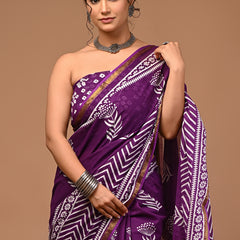 Lovwear Kiara Royal Purple Printed Cotton Mulmul Saree with Zari Border - Fabric Texture View