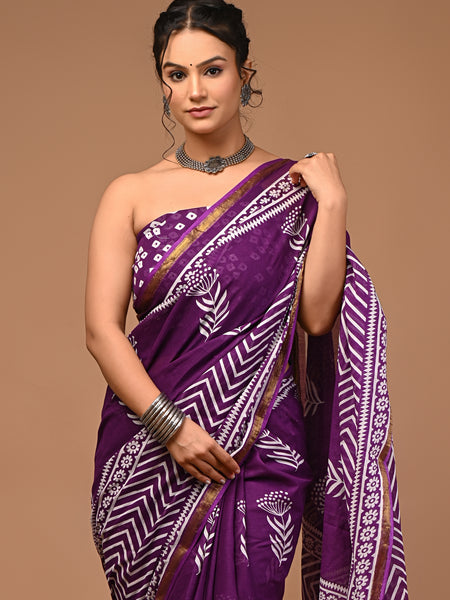 Lovwear Kiara Royal Purple Printed Cotton Mulmul Saree with Zari Border - Fabric Texture View