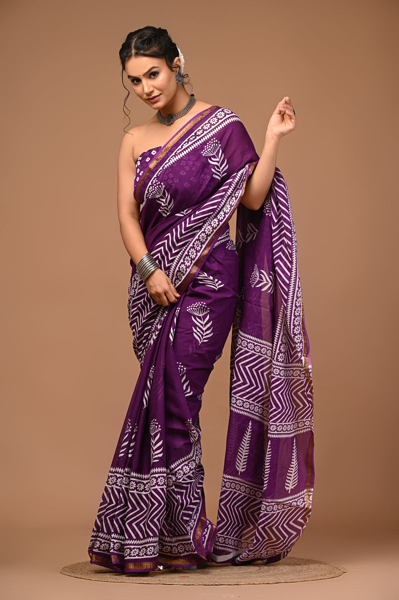 Lovwear Kiara Royal Purple Printed Cotton Mulmul Saree with Zari Border - Pleats & Full Length View