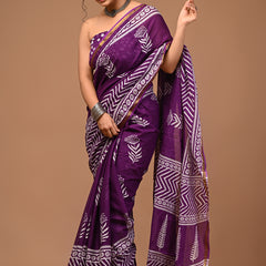 Lovwear Kiara Royal Purple Printed Cotton Mulmul Saree with Zari Border - Pleats & Full Length View
