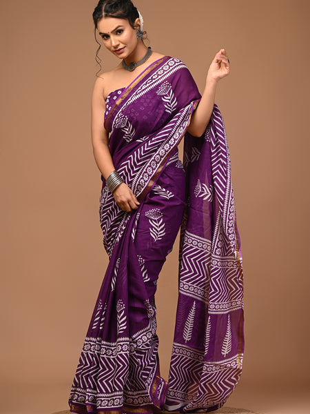 Lovwear Kiara Royal Purple Printed Cotton Mulmul Saree with Zari Border - Pleats & Full Length View