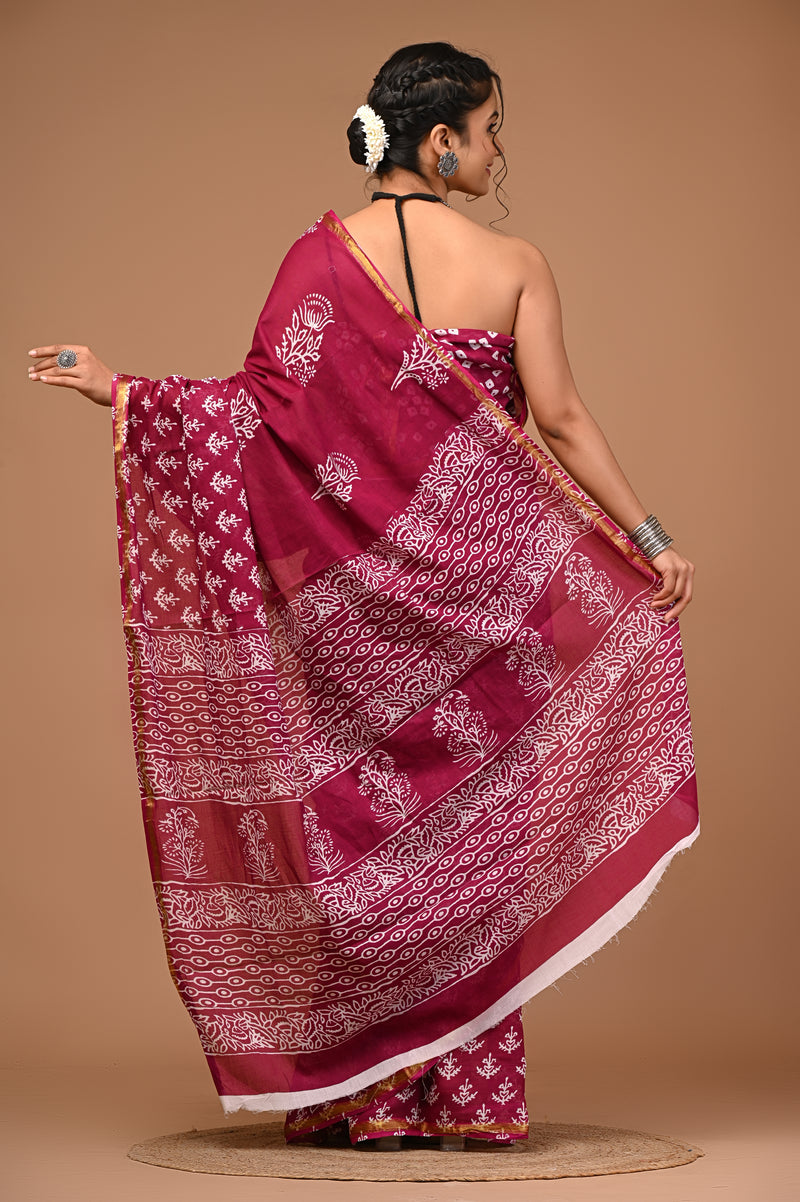 Lovwear Aarohi Wine Pink Cotton Mulmul Saree with Golden Zari Border - Front View