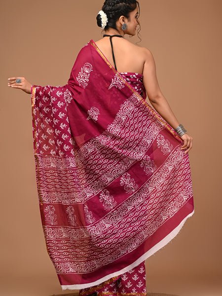 Lovwear Aarohi Wine Pink Cotton Mulmul Saree with Golden Zari Border - Front View
