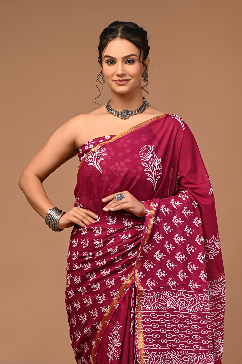 Lovwear Aarohi Wine Pink Cotton Mulmul Saree with Golden Zari Border - Pallu & Border Detail View
