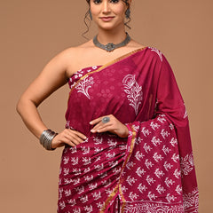 Lovwear Aarohi Wine Pink Cotton Mulmul Saree with Golden Zari Border - Pallu & Border Detail View