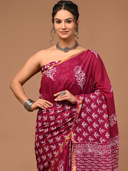 Lovwear Aarohi Wine Pink Cotton Mulmul Saree with Golden Zari Border - Pallu & Border Detail View