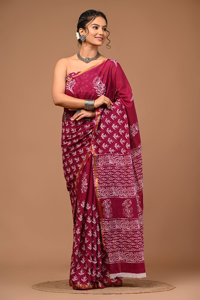 Lovwear Aarohi Wine Pink Cotton Mulmul Saree with Golden Zari Border - Fabric Texture View