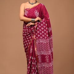 Lovwear Aarohi Wine Pink Cotton Mulmul Saree with Golden Zari Border - Fabric Texture View