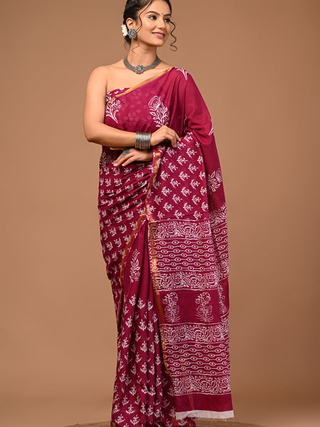 Lovwear Aarohi Wine Pink Cotton Mulmul Saree with Golden Zari Border - Fabric Texture View