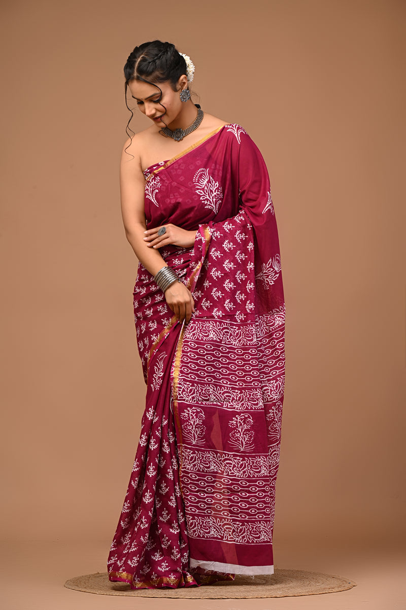 Lovwear Aarohi Wine Pink Cotton Mulmul Saree with Golden Zari Border - Pleats & Full Length View