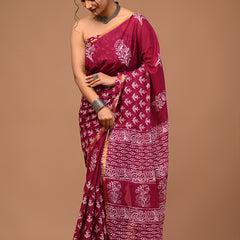 Lovwear Aarohi Wine Pink Cotton Mulmul Saree with Golden Zari Border - Pleats & Full Length View