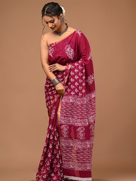 Lovwear Aarohi Wine Pink Cotton Mulmul Saree with Golden Zari Border - Pleats & Full Length View