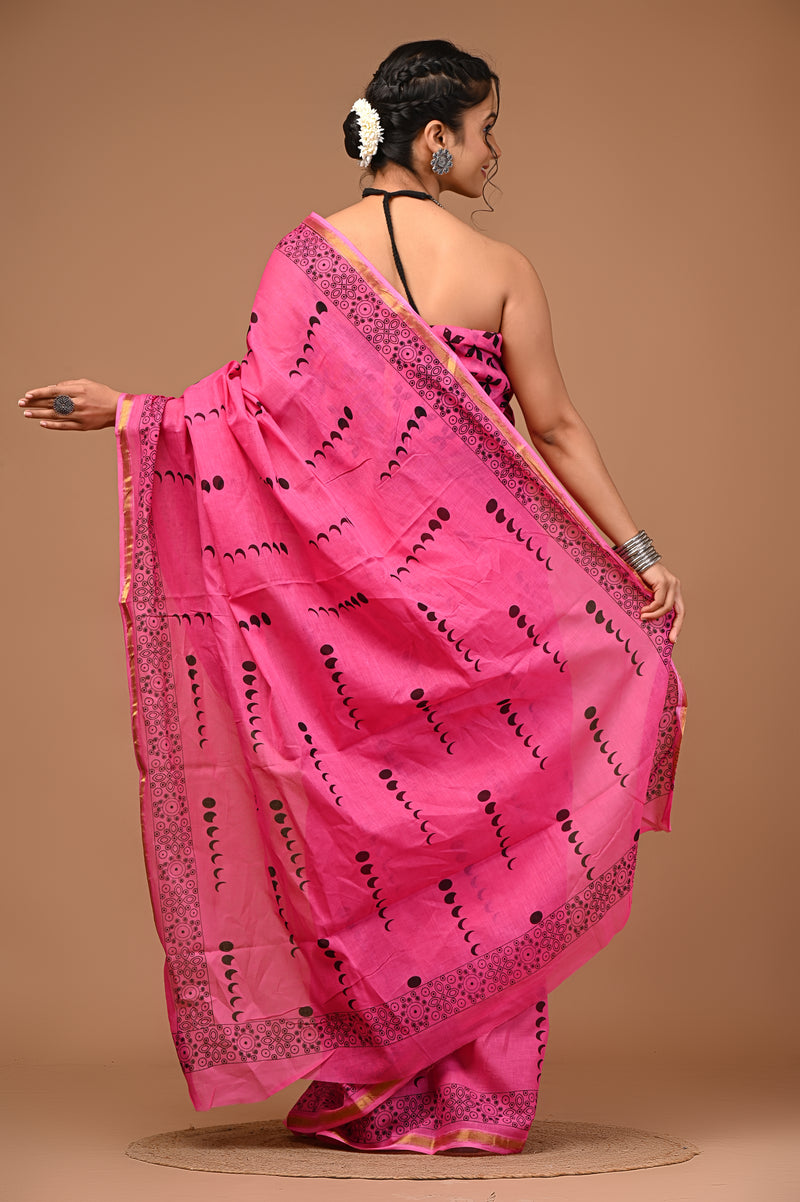 Lovwear Anaya Hot Pink Cotton Mulmul Saree with Elegant Zari Border - Front View