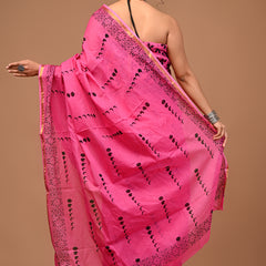 Lovwear Anaya Hot Pink Cotton Mulmul Saree with Elegant Zari Border - Front View