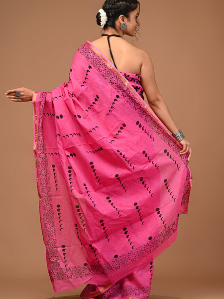 Lovwear Anaya Hot Pink Cotton Mulmul Saree with Elegant Zari Border - Front View