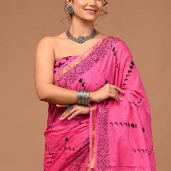 Lovwear Anaya Hot Pink Cotton Mulmul Saree with Elegant Zari Border - Pallu & Border Detail View