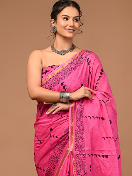 Lovwear Anaya Hot Pink Cotton Mulmul Saree with Elegant Zari Border - Pallu & Border Detail View